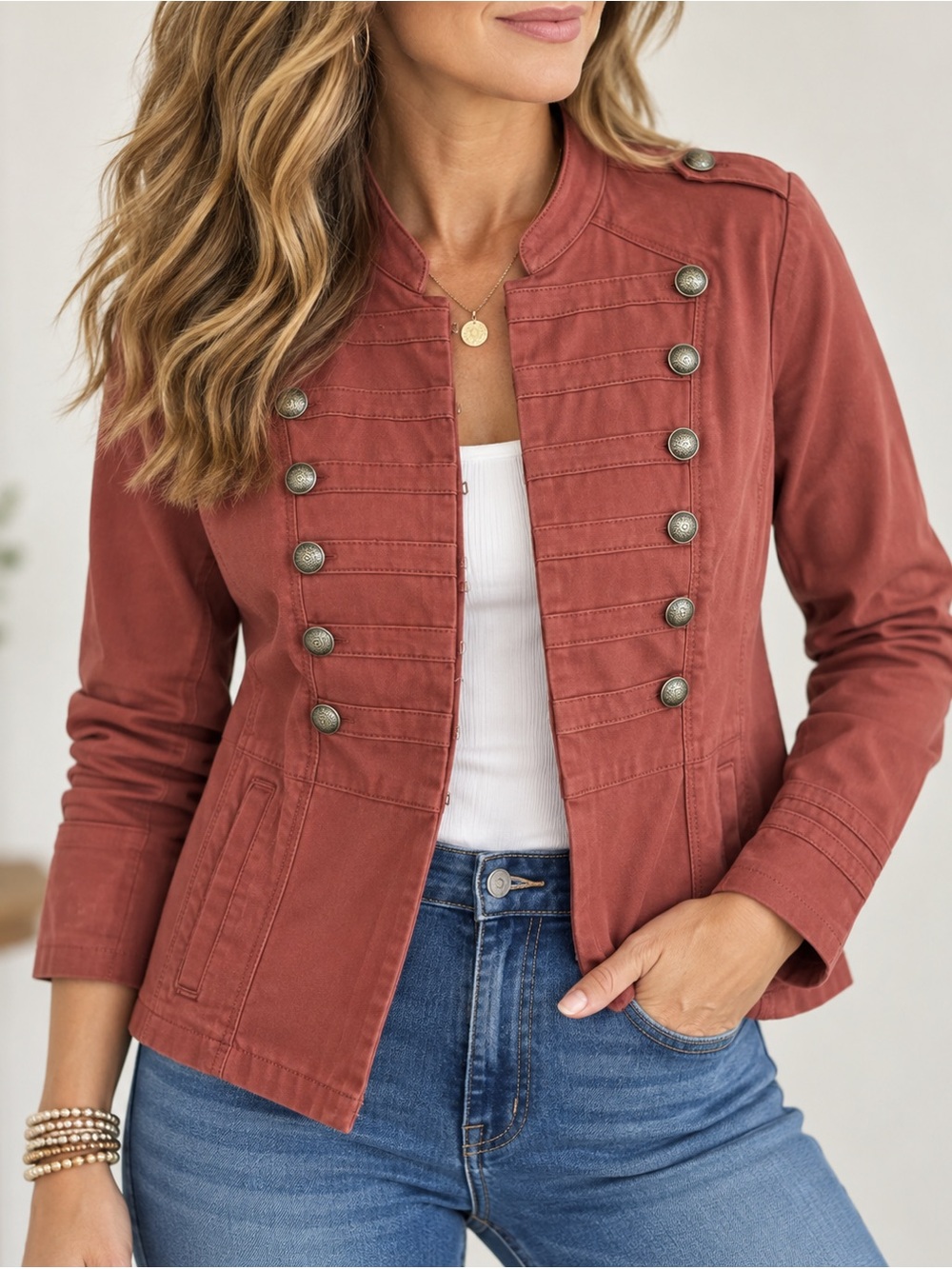 Chico’s Rust Rose Military Jacket Utility Jacket Embellished Buttons Sz 8/10
